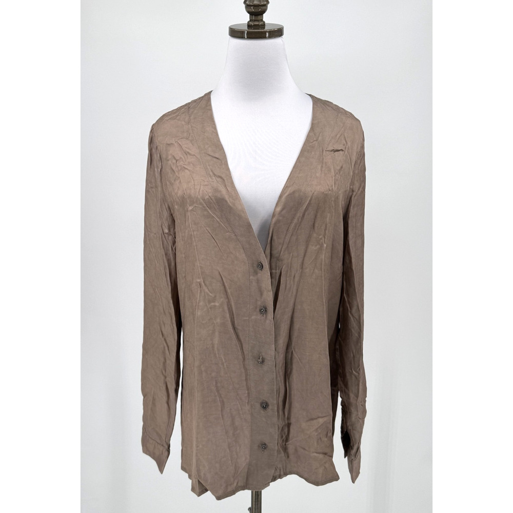 Daub Womens Taupe Satin V Neck Long Sleeve Button Top Sz IT 44